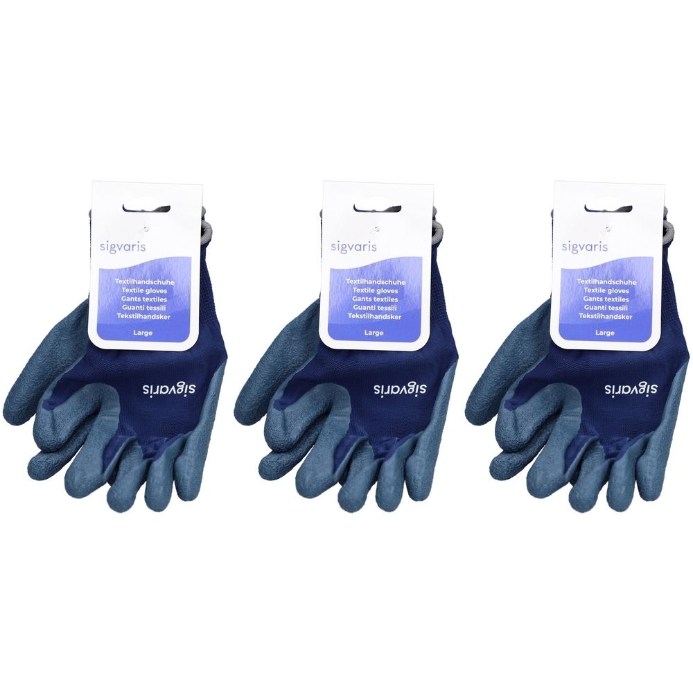Drie blauwe textielhandschoenen met labels. De labels tonen "sigvaris" en "Large".