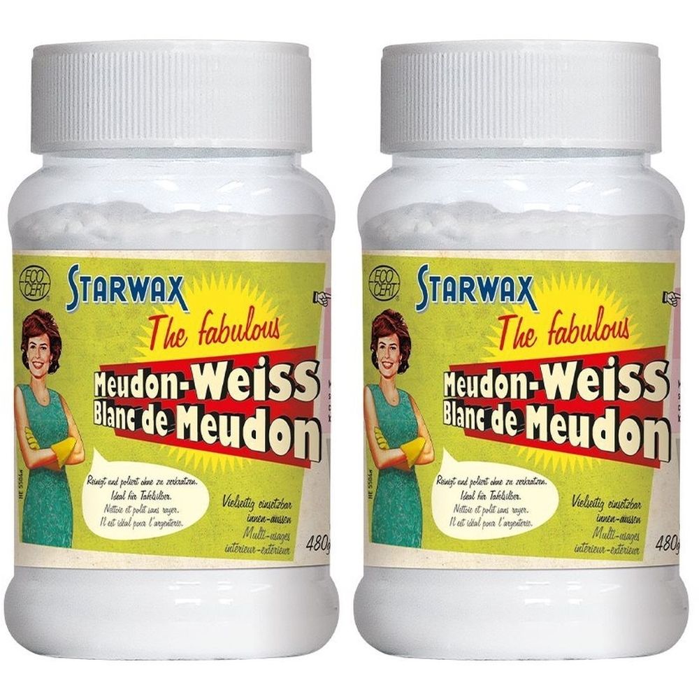 Twee witte flessen met STARWAX-etiket. Opschrift: Meudon-Weiss, Blanc de Meudon. Op het etiket staat een vrouw afgebeeld.