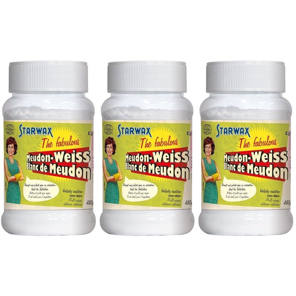 Drie witte potten met deksels. Labels met STARWAX, Meudon-Weiss, Blanc de Meudon. Retro illustratie van een vrouw.