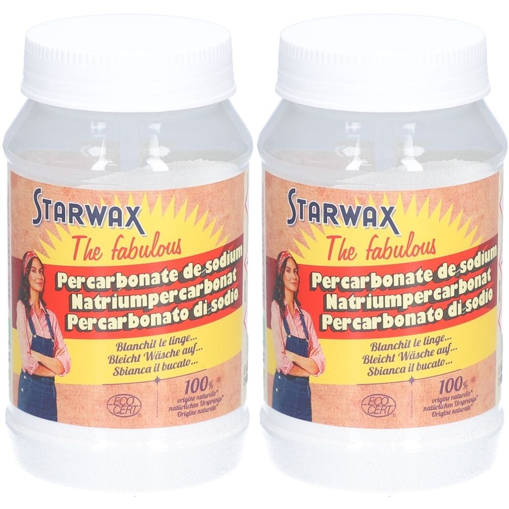 Deux pots transparents avec couvercles blancs. Étiquettes avec STARWAX, Percarbonate de sodium, Natriumpercarbonat, Percarbonato di sodio.