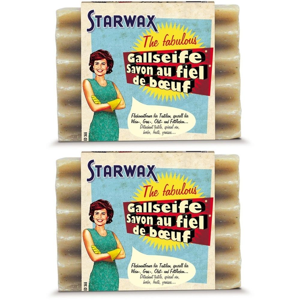 Deux blocs de savon avec emballage. Inscription STARWAX, Gallseife, Savon au fiel de bœuf. Femme avec gants jaunes.