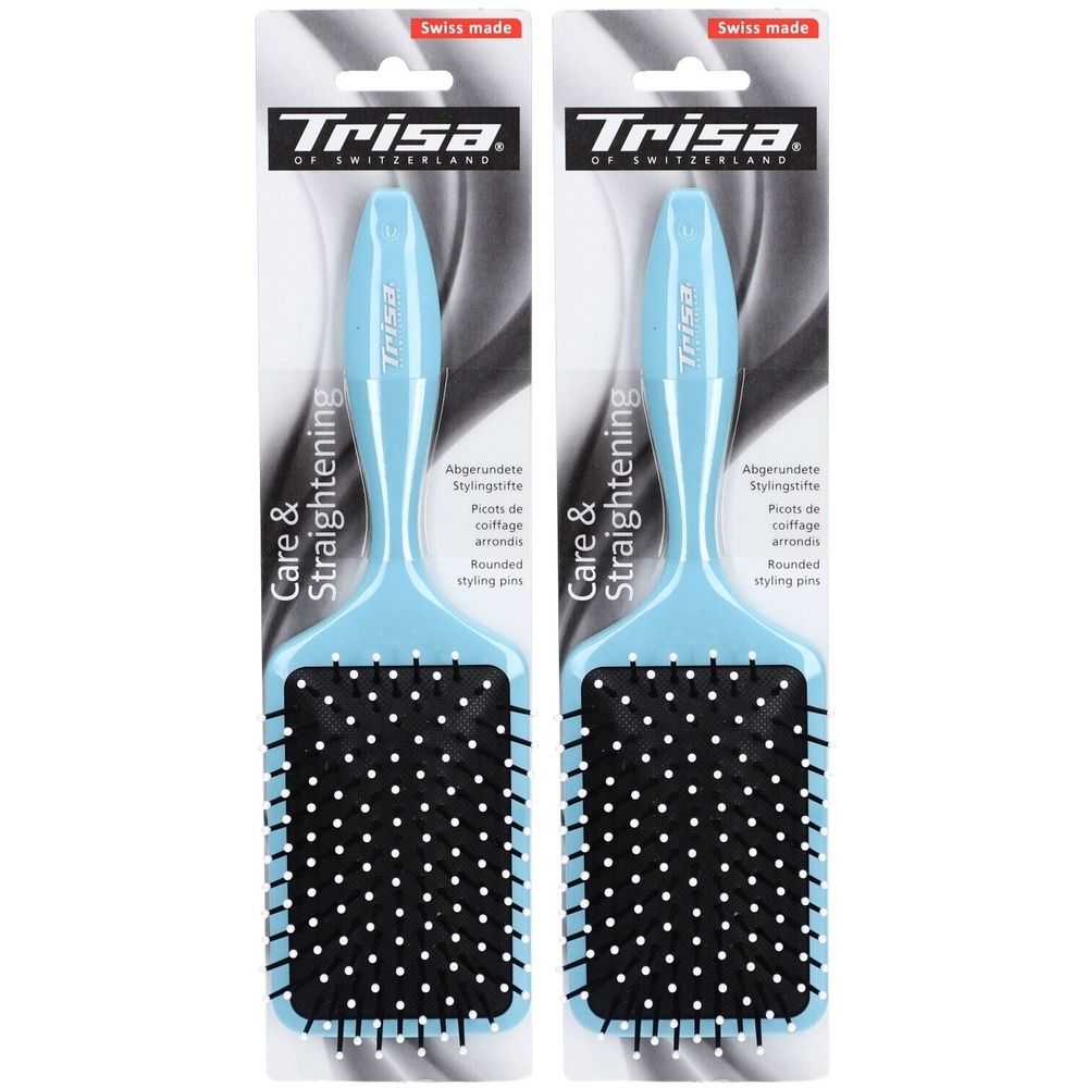 Twee lichtblauwe paddle haarborstels met zwarte borstels. Merk: Trisa. Verpakking: "Swiss made".