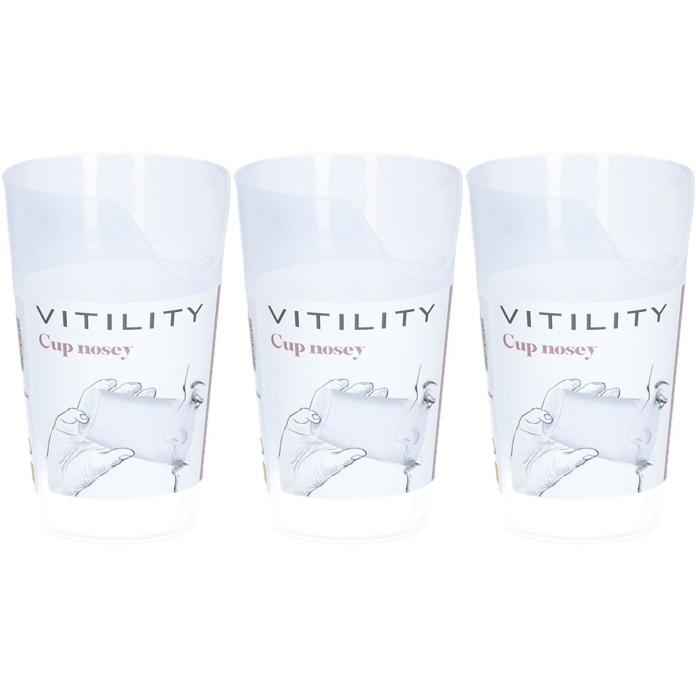 Drie transparante bekers met neusuitsparing. Bedrukt: VITILITY, Cup nosey. Illustratie van een hand.