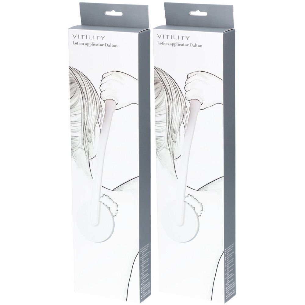 Twee verpakkingen VITILITY Lotion-Applikator. Illustratie van een persoon die het product gebruikt. Grijze en witte verpakking.