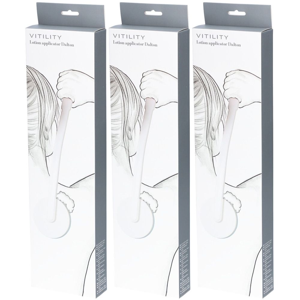 Drie productverpakkingen. Op elke verpakking staat een lotion applicator afgebeeld. Het woord VITILITY is zichtbaar.