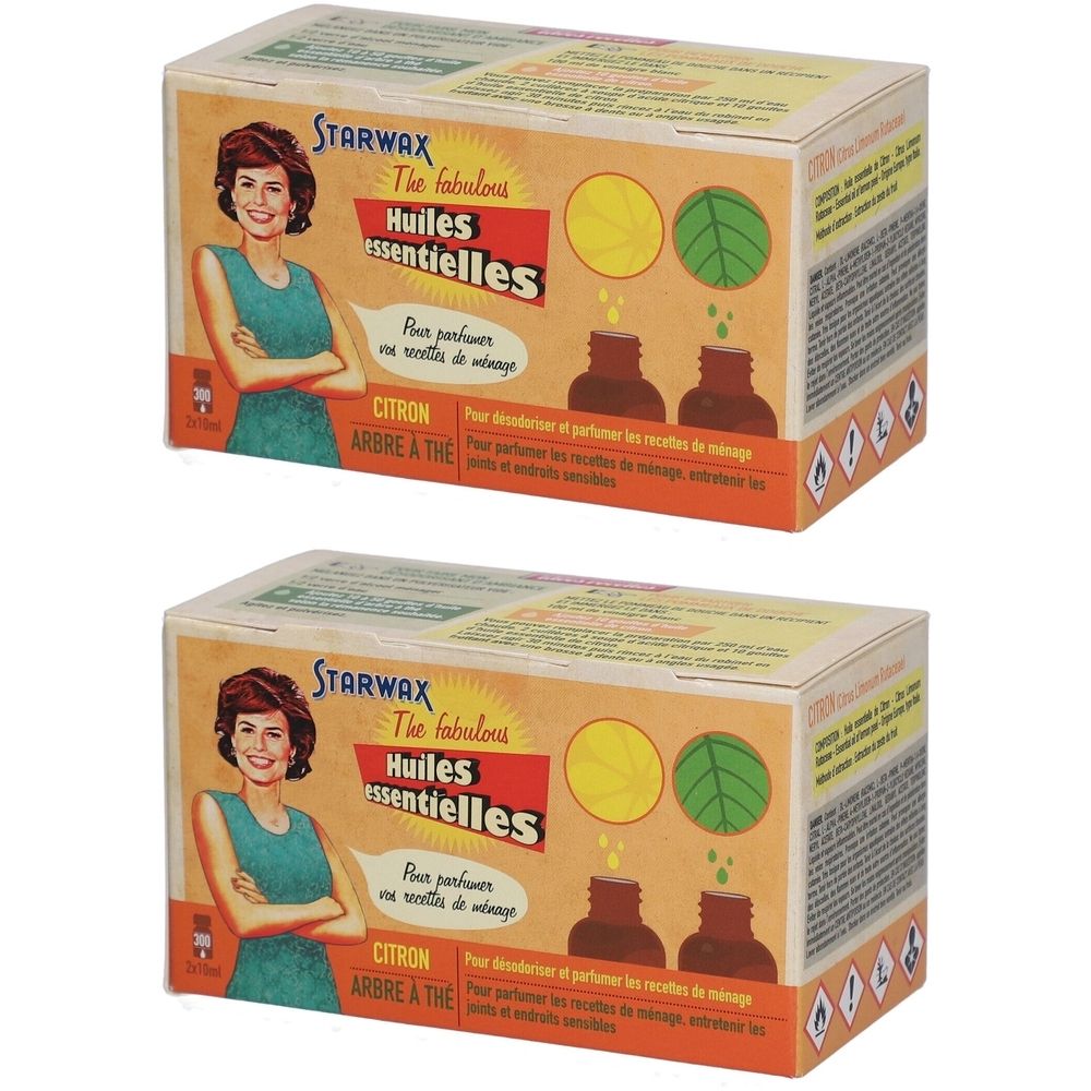 Deux boîtes de produits. Inscription: Starwax, Huiles essentielles, Citron, Arbre à thé. Illustration d'une femme.