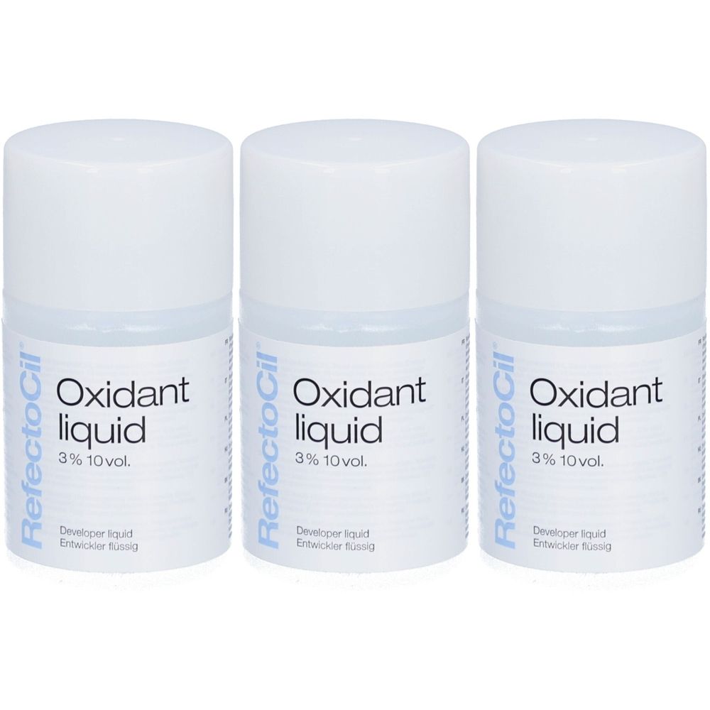 Drie flessen RefectoCil Oxidant liquid. Witte flessen met witte doppen. Opschrift: Oxidant liquid 3% 10 vol.