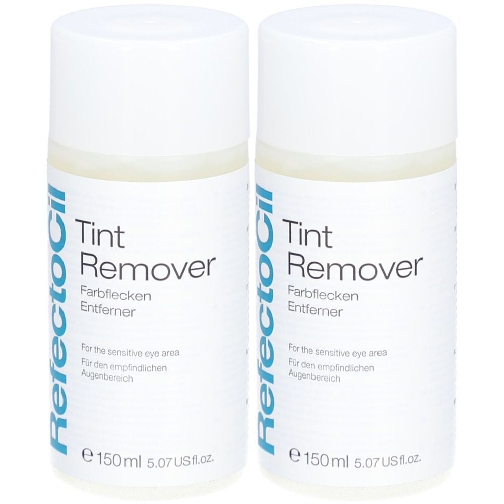 Deux flacons blancs avec étiquette bleue. Inscription: RefectoCil Tint Remover. Pour la zone sensible des yeux.