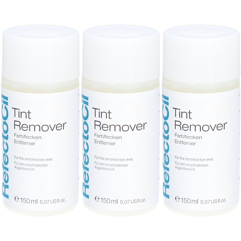 Drie flessen Refectocil Tint Remover. Witte flessen met blauw etiket. Tekst: Tint Remover, Farbflecken Entferner, 150ml.