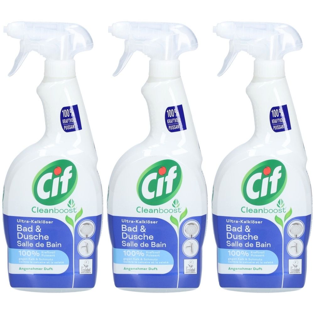 Drie witte spuitflessen met Cif-logo. Opschrift: Cleanboost, Bad & Dusche, Salle de Bain. Blauwe en groene elementen.