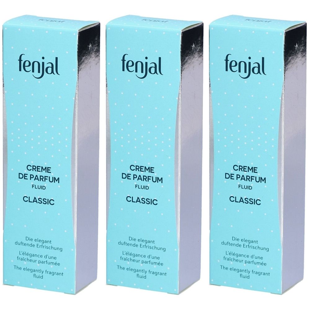 Trois boîtes bleues claires identiques. On lit "fenjal", "CREME DE PARFUM FLUID CLASSIC". Texte en allemand, français et anglais.