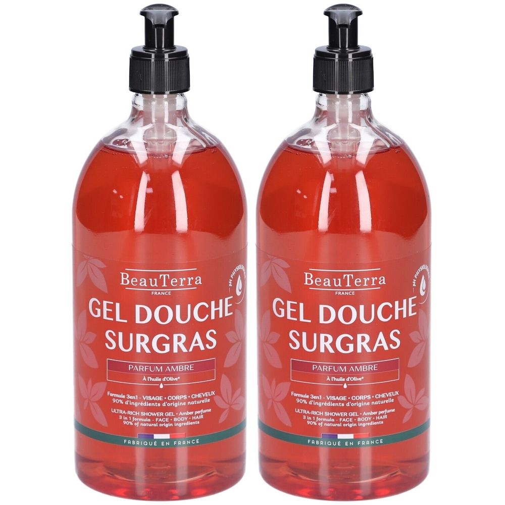 Twee flessen douchegel met zwarte pomp. Opschrift: BeauTerra, Gel Douche Surgras, Parfum Ambre. Inhoud zichtbaar.