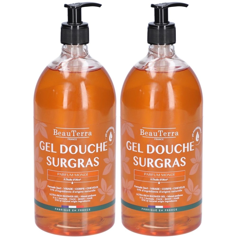 Deux flacons de gel douche avec pompe noire. Inscription: BeauTerra, Gel Douche Surgras, Parfum Monoï.