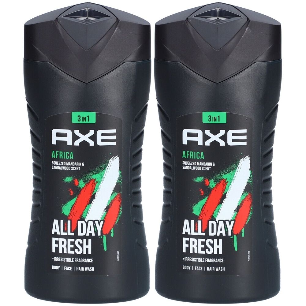 Twee zwarte douchegelflessen. Opschrift: AXE Africa, 3 in 1, All Day Fresh. Met groen, rood en wit design.