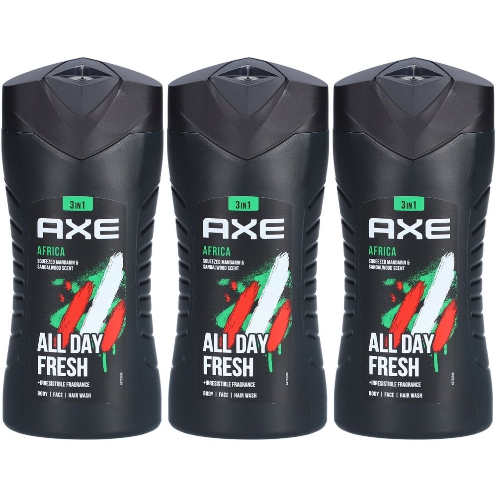 Drie zwarte douchegel flessen. Opschrift: AXE Africa 3in1. Met wit, rood en groen design. Tekst: ALL DAY FRESH.
