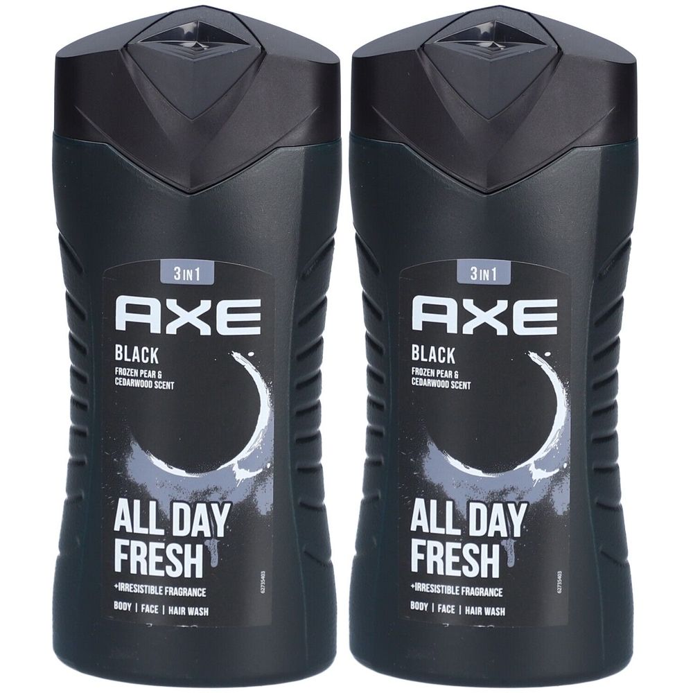 Twee zwarte douchegelflessen. Opschrift: AXE Black 3 in 1, All Day Fresh. Met geurbeschrijving en toepassingsgebied.