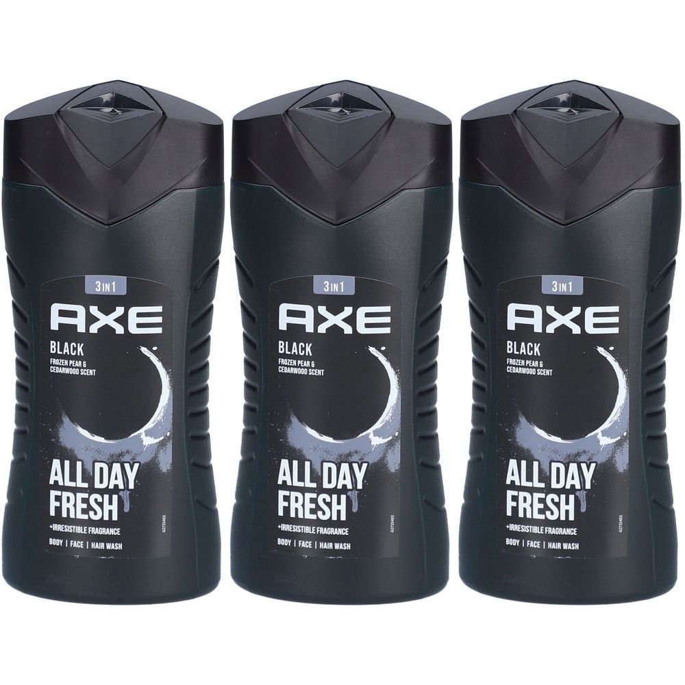 Drie zwarte douchegelflessen. Opschrift: AXE Black, 3 in 1, All Day Fresh. Met wit halve maan ontwerp. Voor lichaam, gezicht en haar.