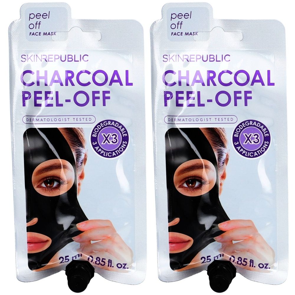 Deux paquets de masque facial. Masque noir avec l'inscription "CHARCOAL PEEL-OFF". Marque : SKINREPUBLIC. Testé dermatologiquement. 3 applications.