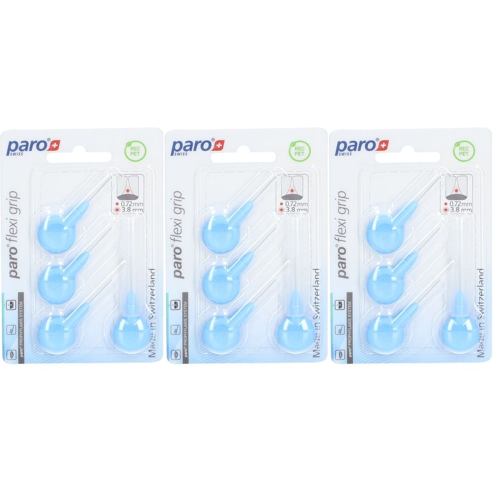 Trois blisters de brosses interdentaires bleu clair. Inscription : paro flexi grip, Made in Switzerland.