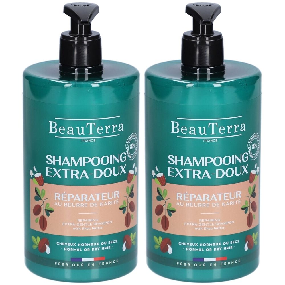 Twee groene flessen met zwarte pomp. Opschrift: BeauTerra, Shampooing Extra-Doux, Réparateur au beurre de karité. Voor normaal of droog haar.