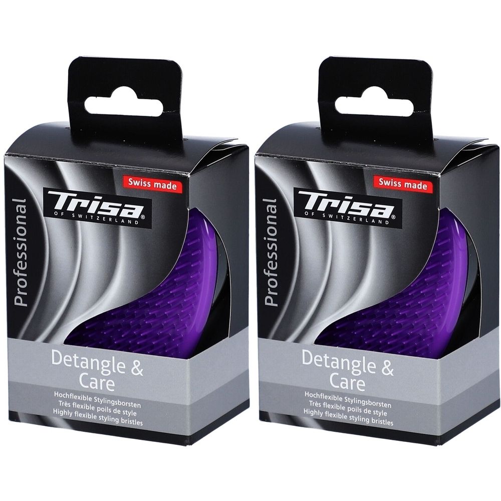 Twee zwarte dozen met paarse haarborstels. Opschrift: Trisa, Detangle & Care, Swiss made.