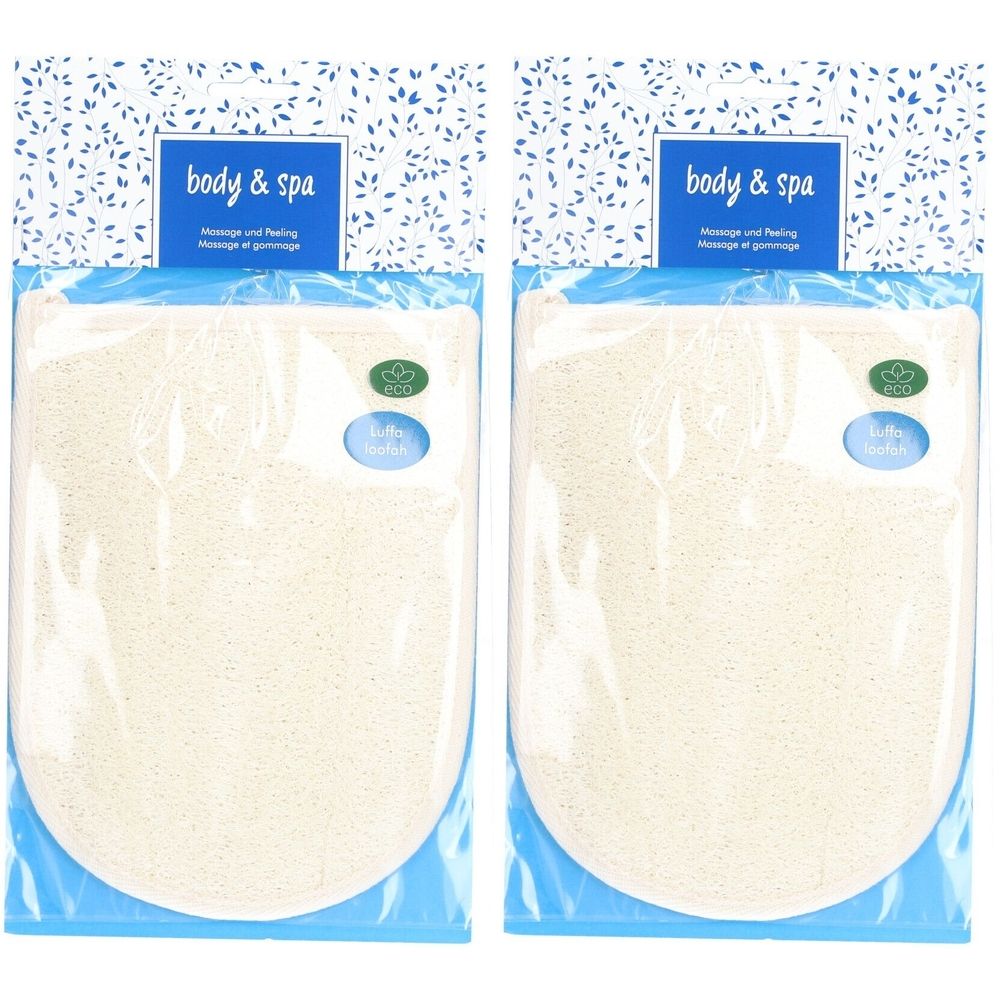 Deux gants de luffa emballés. Inscription "body & spa".