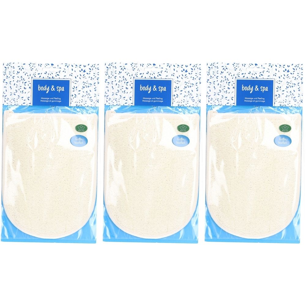 Trois gants en luffa et éponge en emballage plastique. Étiquette bleue avec "body & spa" en haut.