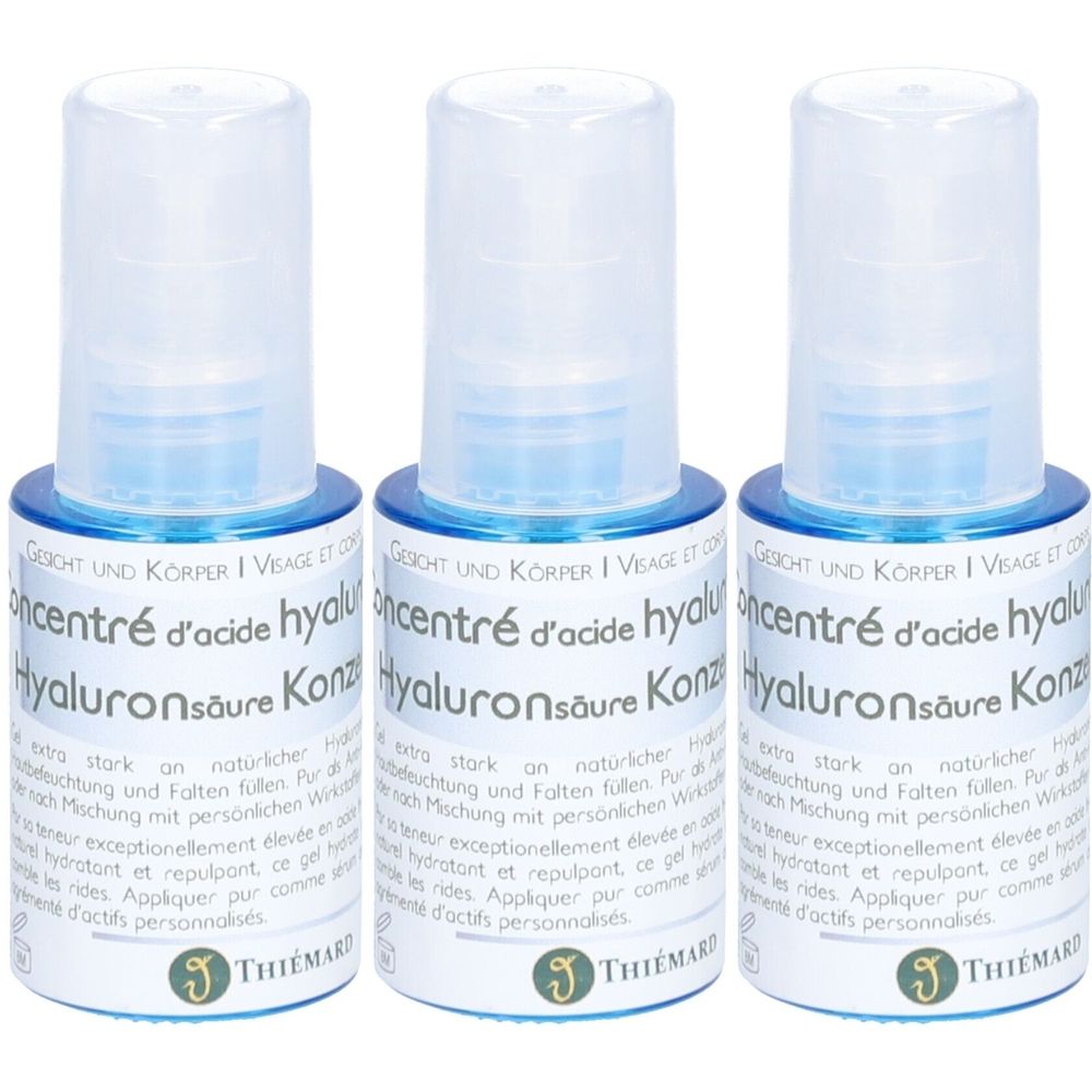 Drie flessen met blauwe hals en transparante dop. Opschrift: Konzentré d'acide hyaluronique, Hyaluronsäure Konzentrat. Logo: Thiemard.