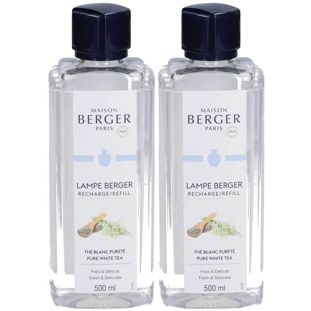 Deux flacons avec bouchons bleus. Inscription: Maison Berger Paris, Lampe Berger, Thé Blanc Pureté, 500 ml.