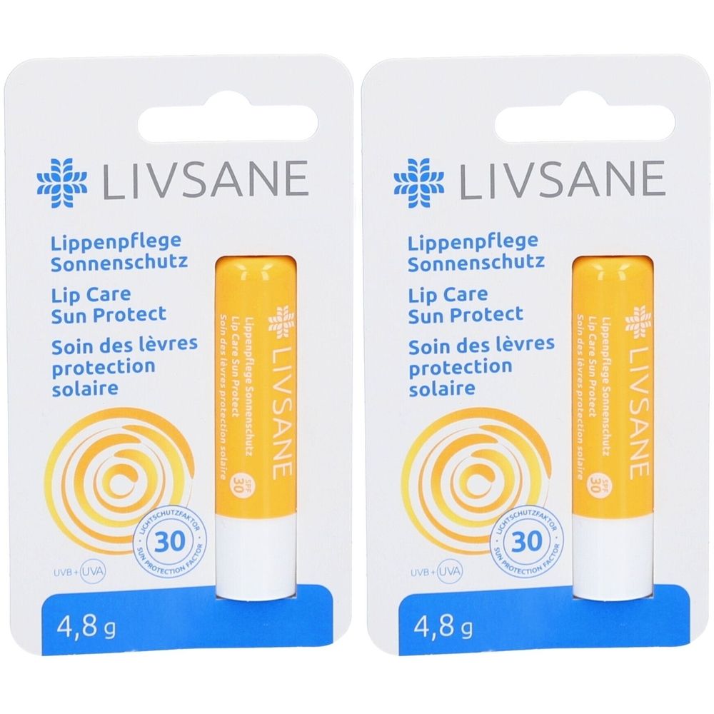 Twee lippenbalsemstiften in blisterverpakking. Gele stiften met witte basis. Opschrift: LIVSANE, zonbescherming, SPF 30.