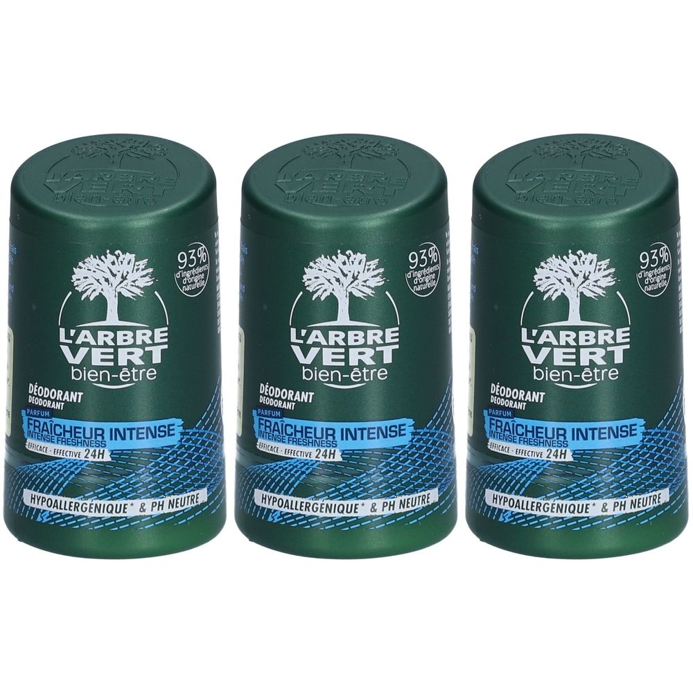 Drie groene deodorant sticks. Opschrift: L'Arbre Vert, bien-être, Fraîcheur Intense, 24H, hypoallergénique & pH neutre. 93% ingrediënten van natuurlijke oorsprong.