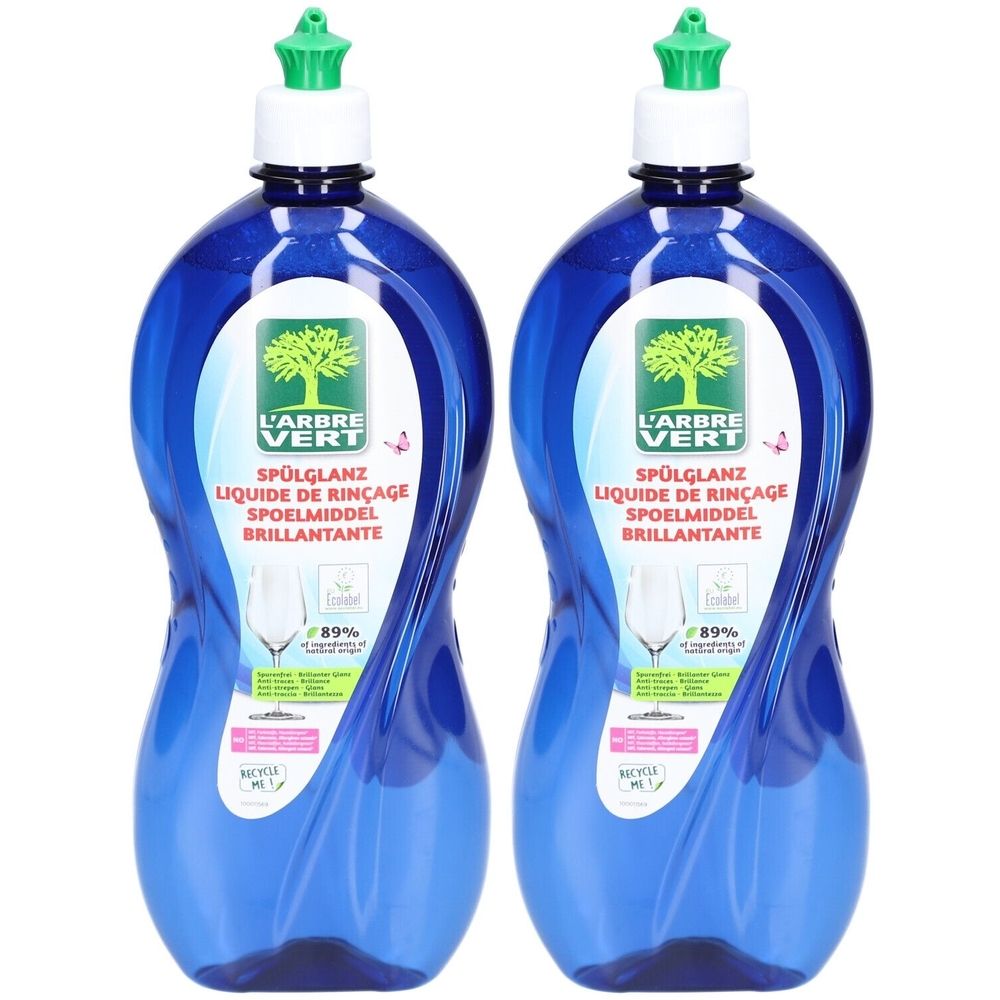 Deux flacons bleus de liquide de rinçage. Inscription : L'ARBRE VERT, Spülglanz, Liquide de rinçage, Spoelmiddel, Brillantante. Bouchon vert.