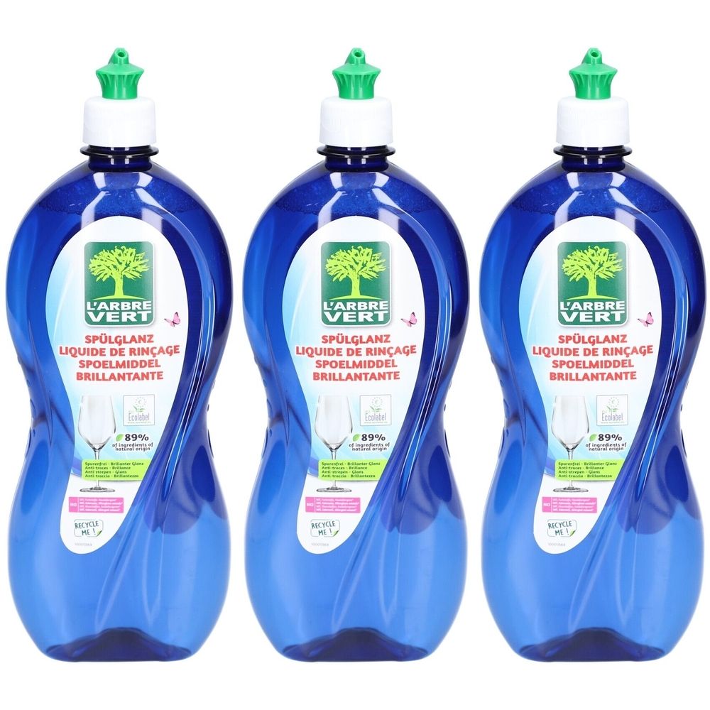Trois flacons bleus de liquide de rinçage. Chaque flacon a un bouchon vert et une étiquette avec le logo L'ARBRE VERT.