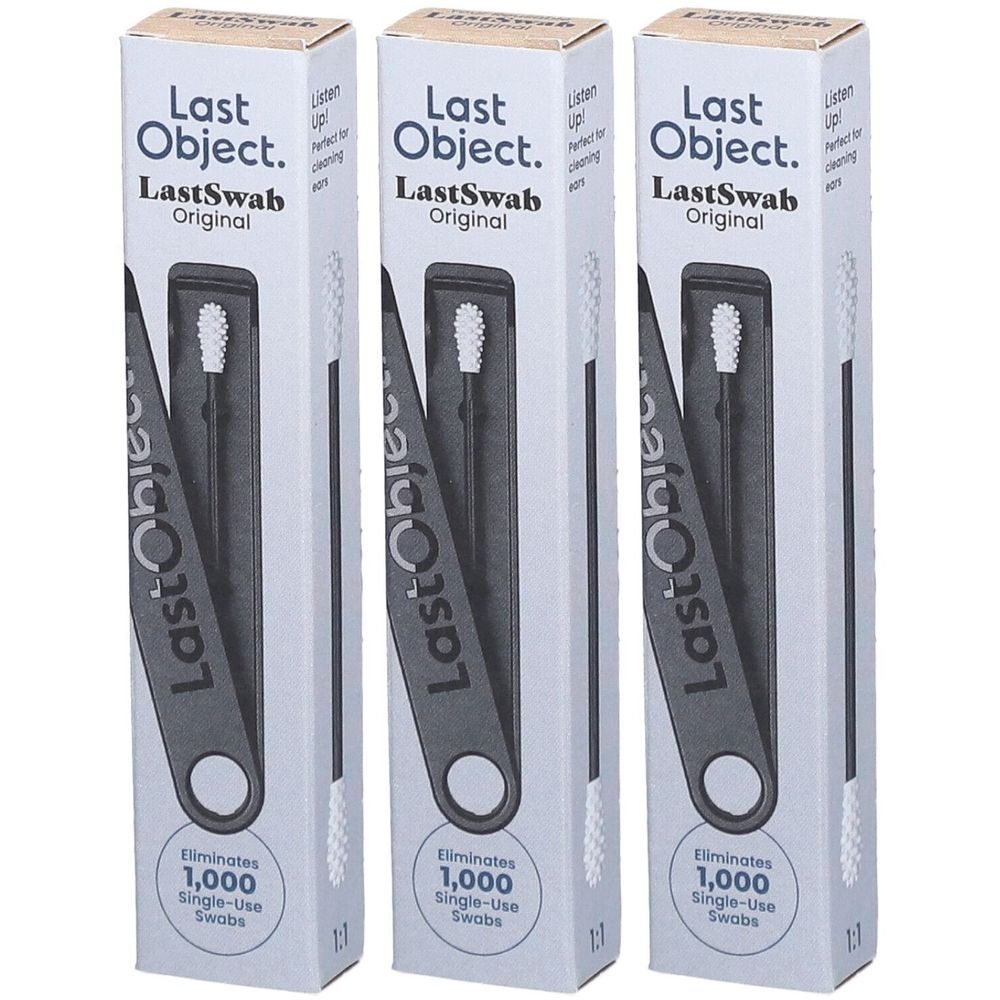 Trois boîtes de LastObject LastSwab. Chaque boîte contient un coton-tige réutilisable et un étui.