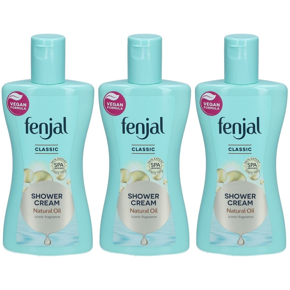 Trois flacons de gel douche FENJAL. Flacons bleu clair avec bouchon rabattable. Inscription : Vegan, fenjal, Classic, Shower Cream, Natural Oil.