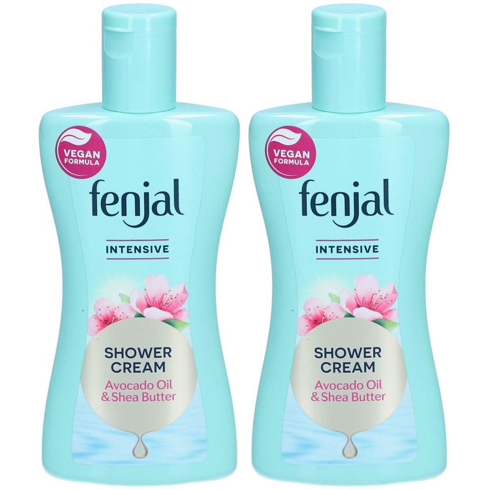 Deux flacons de crème de douche FENJAL Intensive. Flacons bleu clair avec étiquette blanche. Logo végan. Inscription: SHOWER CREAM.