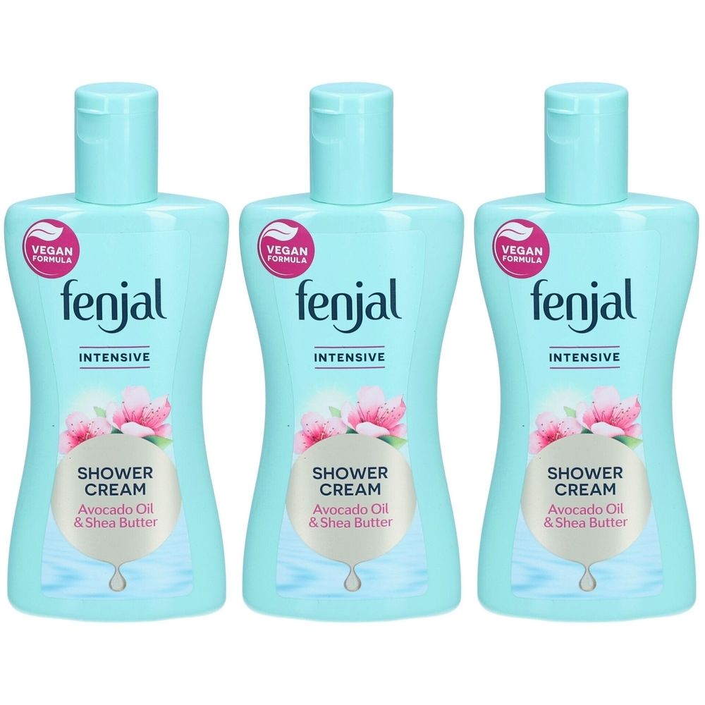 Trois flacons bleu clair. Sur chacun, "fenjal INTENSIVE SHOWER CREAM Avocado Oil & Shea Butter". Logo végan.