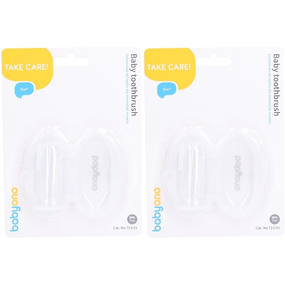 Twee Babyono tandenborstels in verpakking. Opschrift: Baby toothbrush, TAKE CARE!, BPA-vrij.