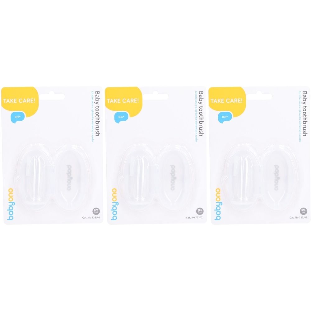 Drie Babyono Erste Zähne tandenborstels op blisterverpakking. Transparante siliconen borstels met geel Take Care label.