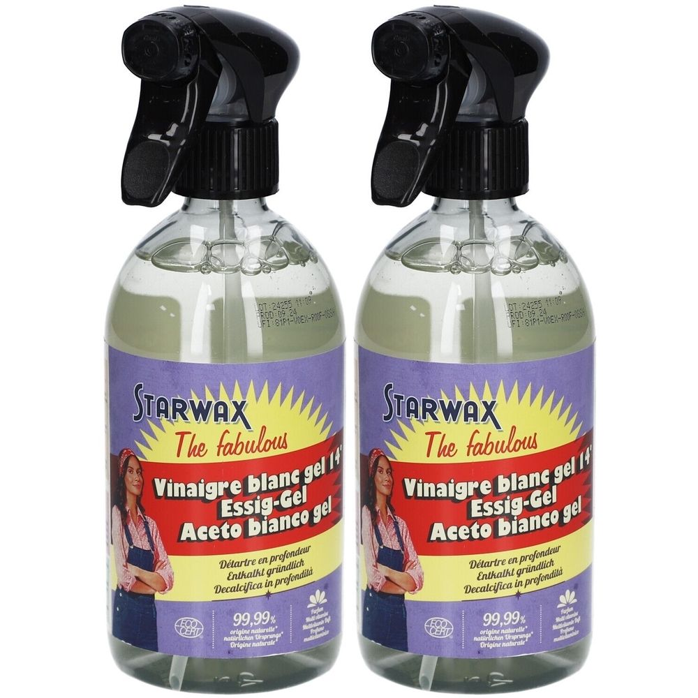 Twee spuitflessen met zwarte sproeikop. Labels met STARWAX, azijn-gel en een afbeelding van een vrouw.