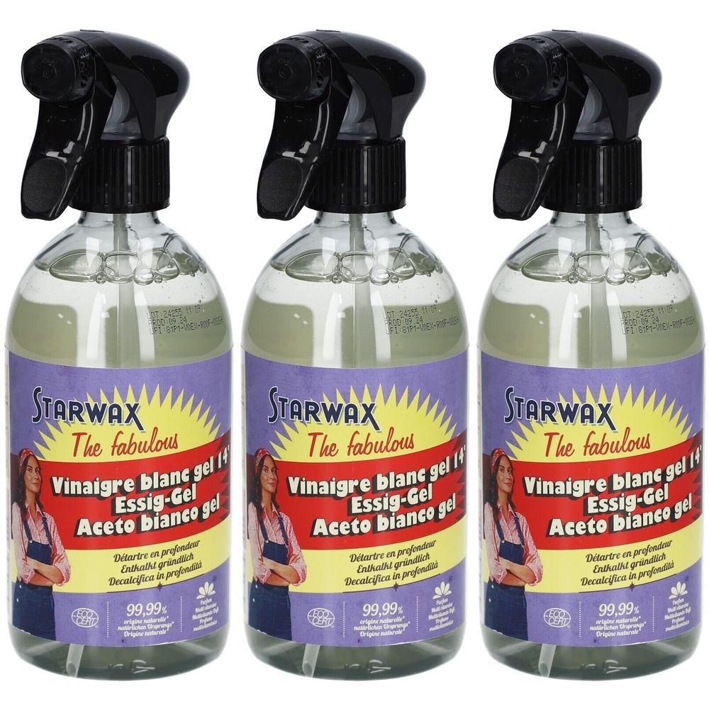 Drie spuitflessen met witte azijn gel. De etiketten tonen STARWAX en productnamen in meerdere talen.