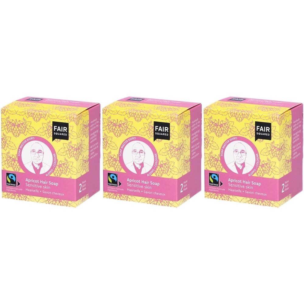Drie vierkante dozen. Opschrift: FAIR SQUARED, Abrikoos haarzeep, gevoelige huid. Met Fairtrade-label.