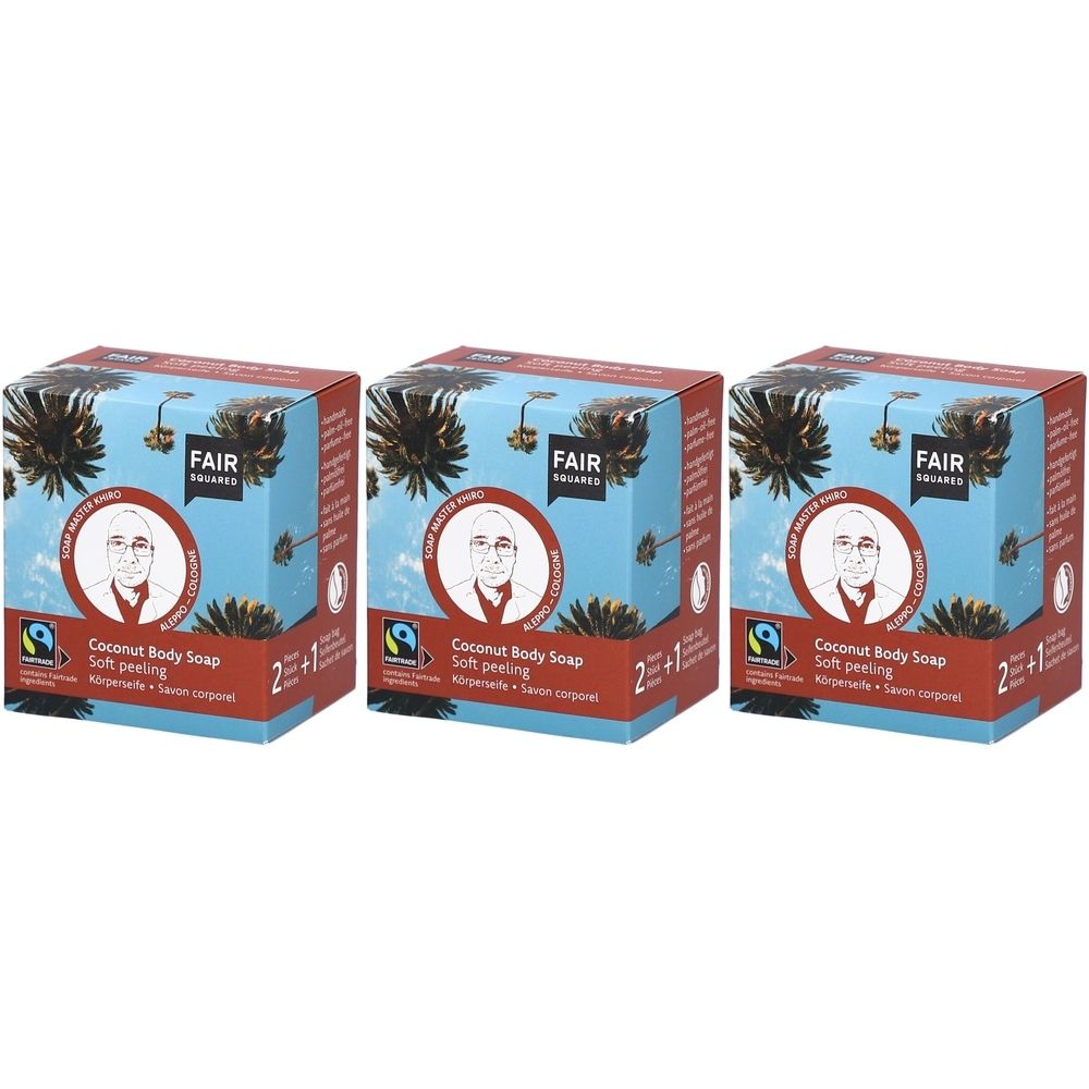 Drie vierkante dozen met FAIR SQUARED logo en productinformatie. Opschrift: Coconut Body Soap, Soft peeling.