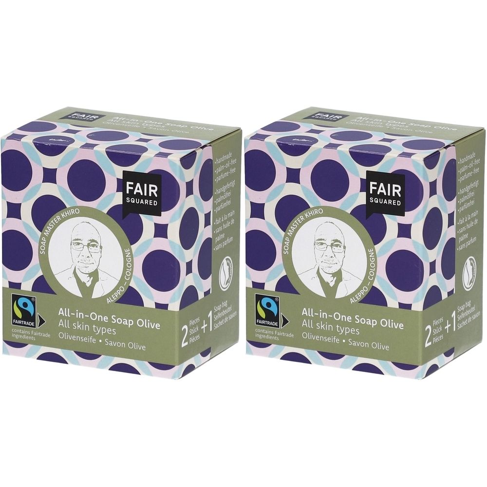 Deux boîtes carrées avec le logo FAIR SQUARED et des informations sur le produit. Inscription : All-in-One Soap Olive, tous types de peau.