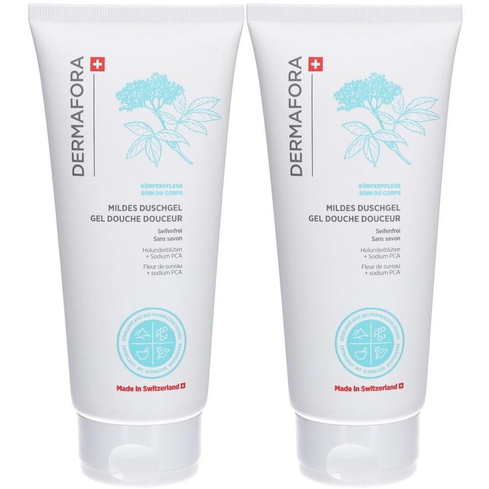 Twee witte tubes douchegel met blauwe illustratie en tekst. Opschrift: DERMAFORA, Mildes Duschgel, Gel Douche Douceur. Gemaakt in Zwitserland.