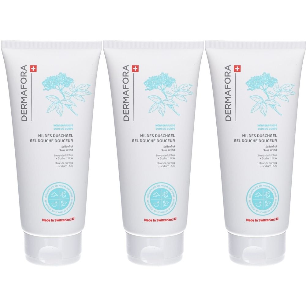 Drie witte tubes douchegel met blauwe afbeeldingen en tekst. Merk: DERMAFORA. Opschrift: Mildes Duschgel, Gel Douche Douceur. Gemaakt in Zwitserland.