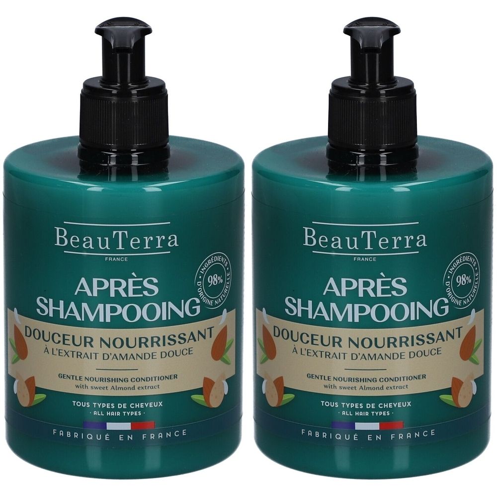 Deux flacons verts avec pompe noire. Inscription: BeauTerra, Après Shampooing, Douceur Nourrissant à l'extrait d'amande douce.