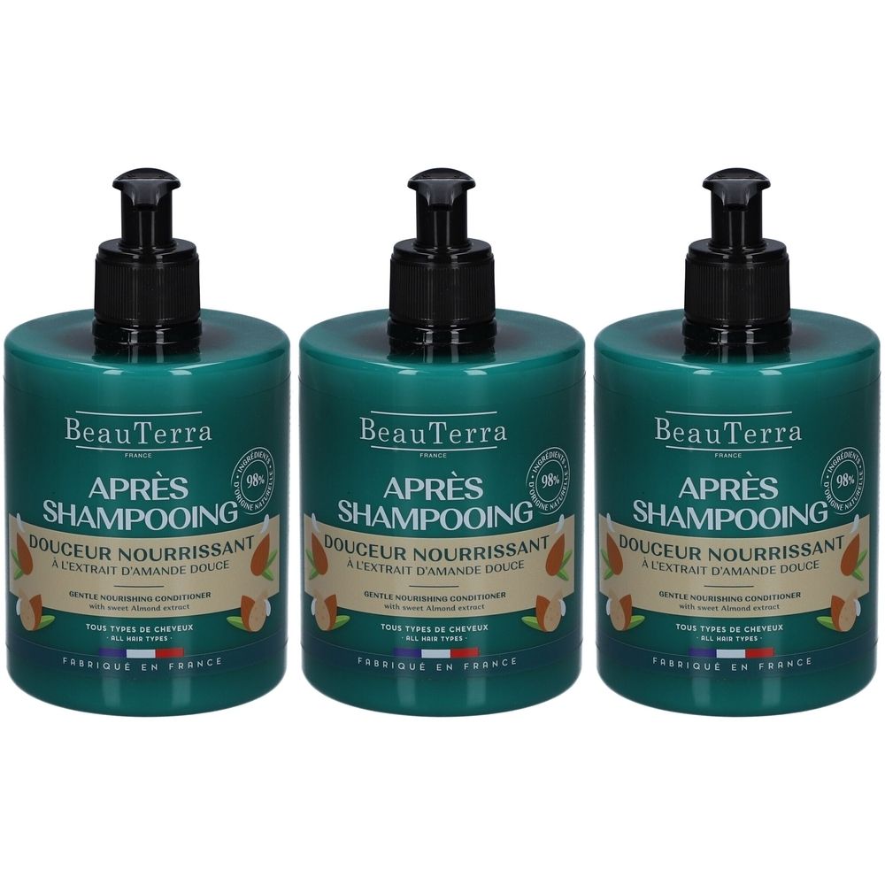 Drie groene flessen met zwarte pomp. Op elke fles staat "BeauTerra APRÈS SHAMPOOING DOUCEUR NOURRISSANT". 