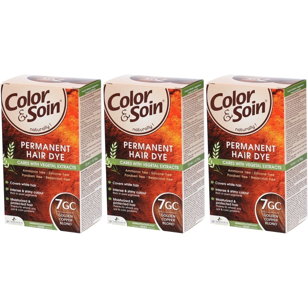 Drie dozen Color & Soin Permanent Hair Dye. Opschrift: 7GC Golden Copper Blond. Bevat plantaardige extracten.