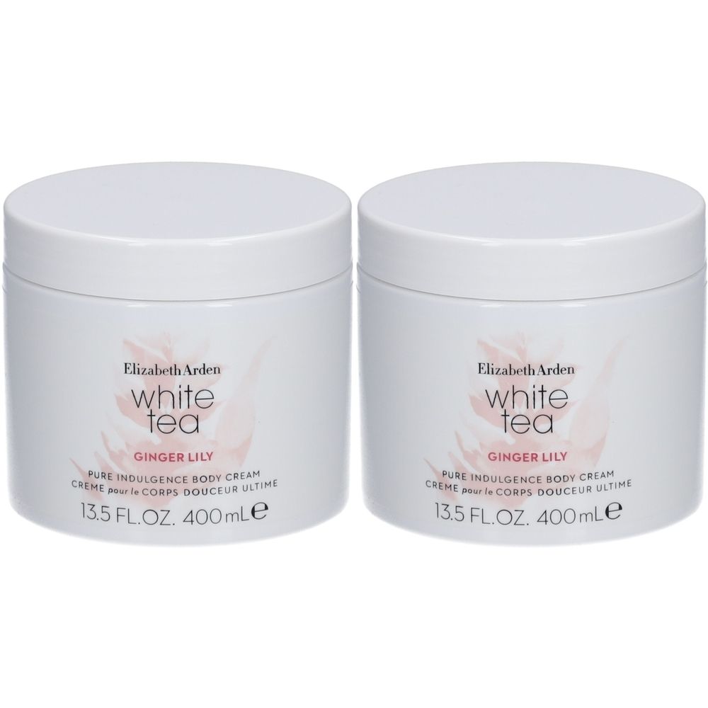 Twee witte potten Elizabeth Arden White Tea Ginger Lily Body Cream. Opschrift: Pure Indulgence Body Cream, 13.5 FL.OZ. 400 ml e.